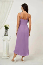 Numbersea Spaghetti Chiffon V Neck Bridesmaid Dress Mid-Length Slit Formal Prom Dress Homecoming Dress 2803