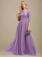A-Line Scoop Floor-Length Lace Chiffon Mother Of the Bride Dress With Sequins Applique