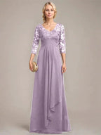 A-line V-Neck Floor-Length Lace Chiffon Mother of the Bride Dress With Cascading Ruffles Sequins