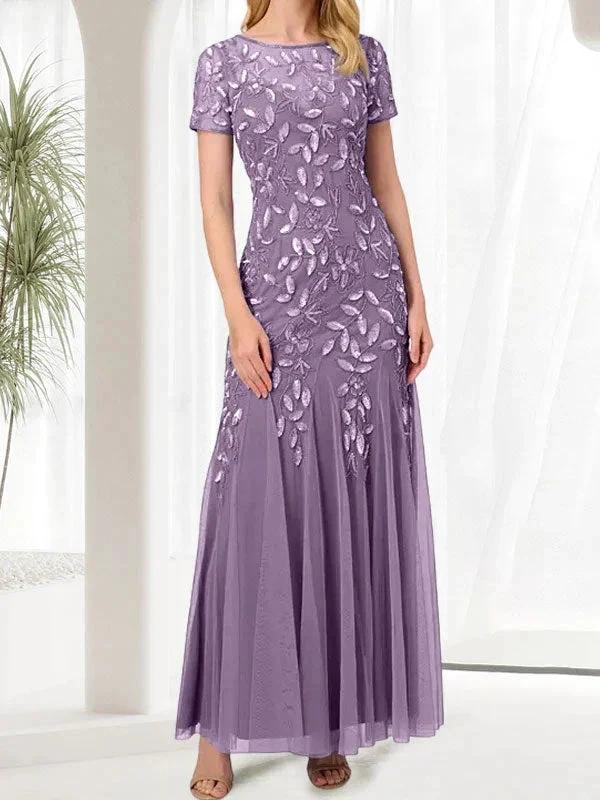 Blue Mermaid Round Neck Long Mother of the Bride Dress With Beadings