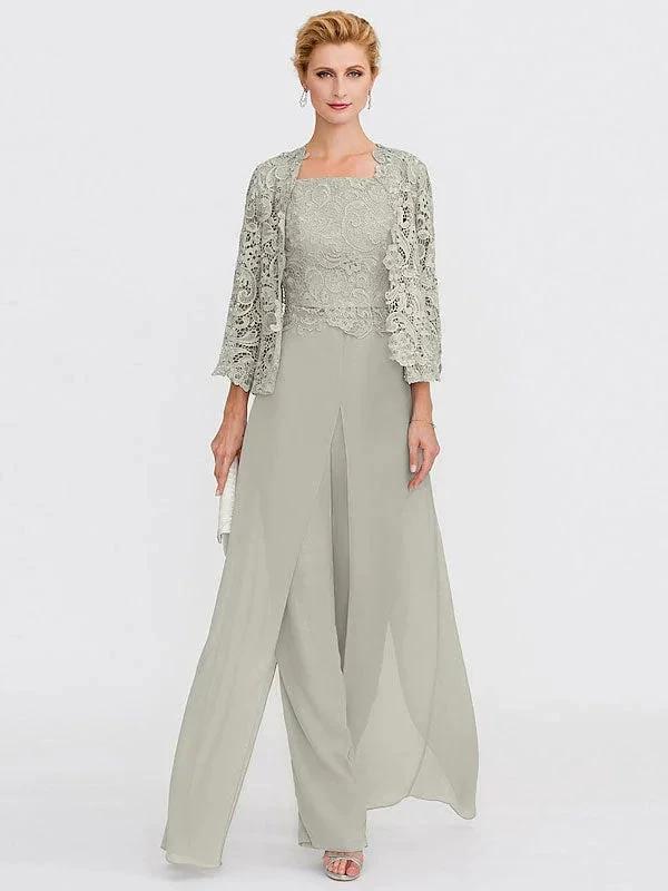3 Piece Chiffon Square Neck Mother of the Bride Pantsuits with Jacket