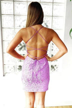 Mermaid Purple Bodycon Lace Up Short Lace Homecoming Dress PD473