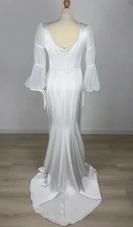 Mermaid White Square Neck Long Sleeves Wedding Dress WD755
