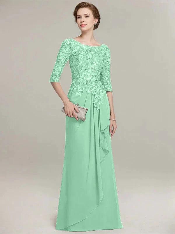 A-line Scoop Illusion Floor-Length Lace Chiffon Mother of the Bride Dress With Cascading Ruffles