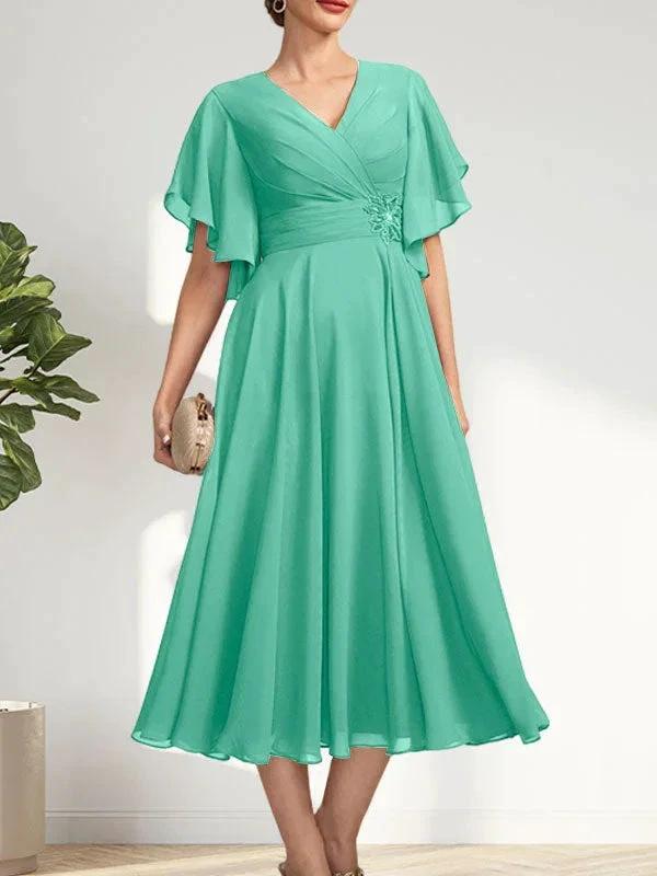 A-line V-Neck Tea-Length Chiffon Mother of the Bride Dress With Pleated Beading