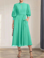 A-line High Neck Tea-Length Lace Chiffon Mother of the Bride Dress With Bow