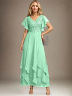 A-line V-Neck Ankle-Length Lace Chiffon Mother of the Bride Dress With Cascading Ruffles