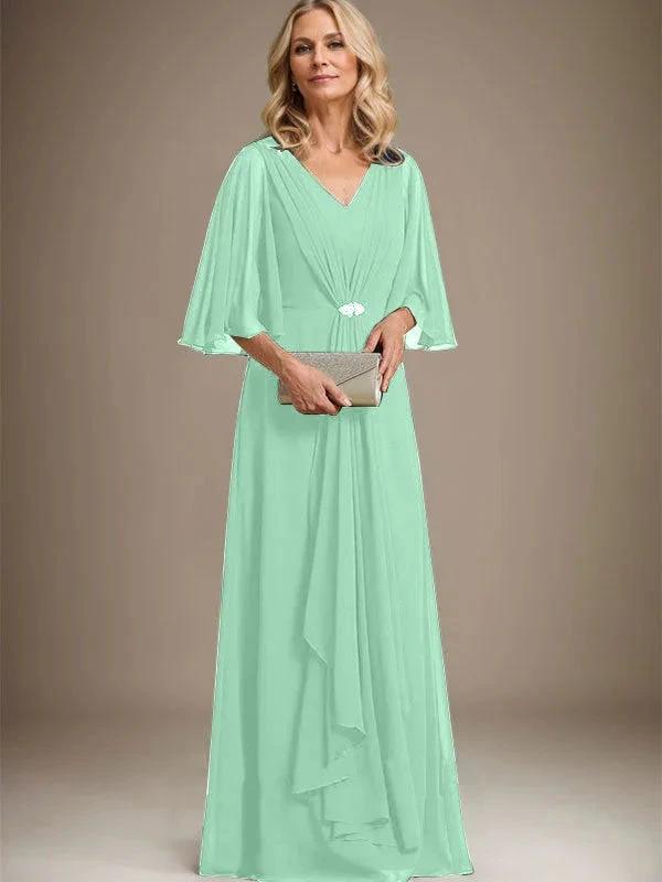 A-line V-Neck Floor-Length Chiffon Mother of the Bride Dress With Cascading Ruffles Crystal Brooch