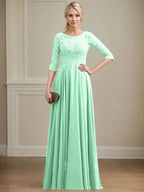 A-line Scoop Illusion Floor-Length Lace Chiffon Mother of the Bride Dress With Sequins