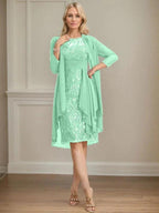 Sheath/Column Scoop Illusion Knee-Length Lace Chiffon Mother of the Bride Dress With Cascading Ruffles Sequins
