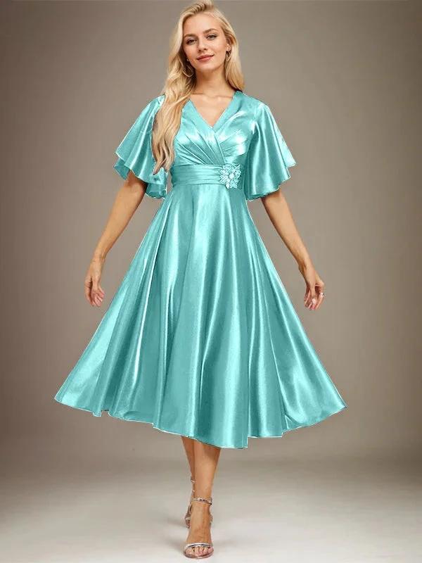 A-line V-Neck Tea-Length Stretch Satin Mother of the Bride Dress With Beading Pleated