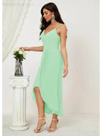 Numbersea Spaghetti Chiffon V Neck Bridesmaid Dress Mid-Length Slit Formal Prom Dress Homecoming Dress 2803