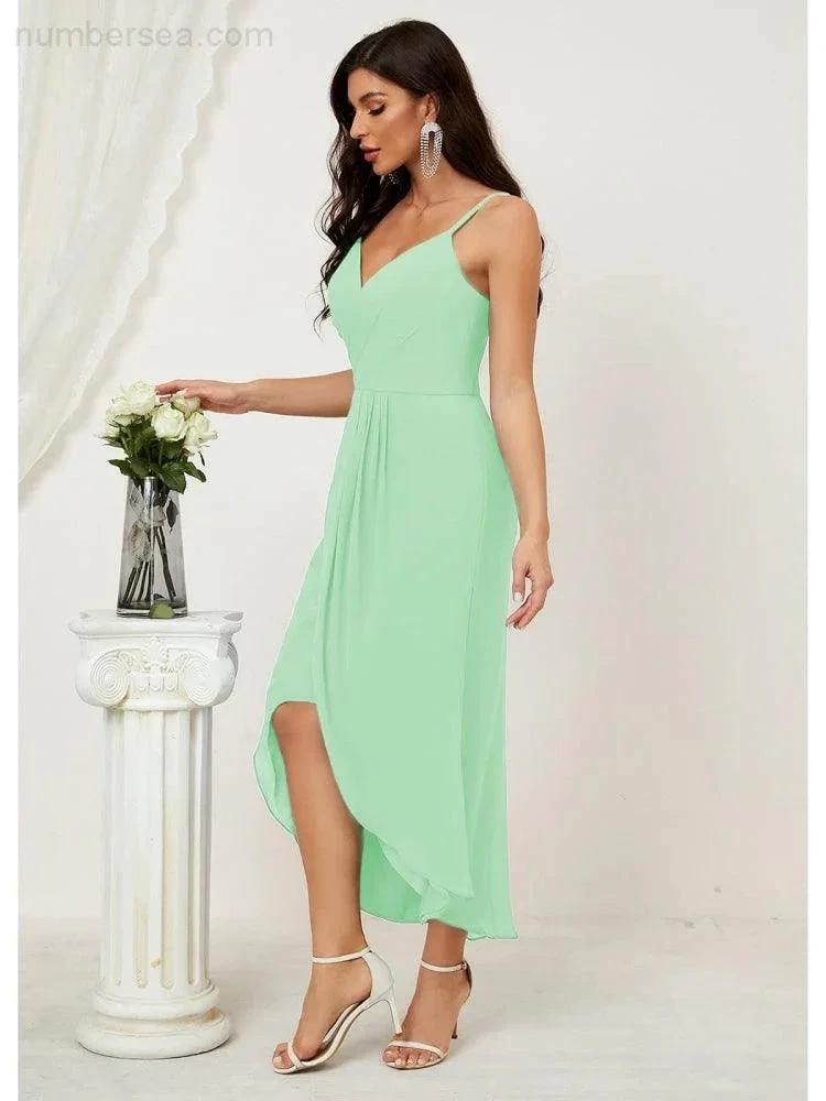Numbersea Spaghetti Chiffon V Neck Bridesmaid Dress Mid-Length Slit Formal Prom Dress Homecoming Dress 2803