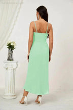 Numbersea Spaghetti Chiffon V Neck Bridesmaid Dress Mid-Length Slit Formal Prom Dress Homecoming Dress 2803