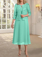 A-line Scoop Tea-Length Lace Chiffon Mother of the Bride Dress With Sequins