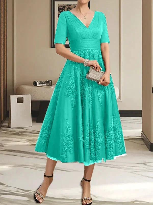 A-line V-Neck Tea-Length Tulle Lace Mother of the Bride Dress With Pleated