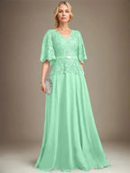 A-line V-Neck Floor-Length Chiffon Lace Mother of the Bride Dress With Crystal Brooch Rhinestone
