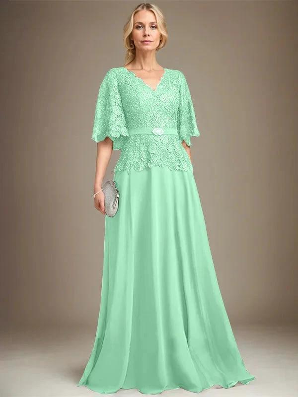 A-line V-Neck Floor-Length Chiffon Lace Mother of the Bride Dress With Crystal Brooch Rhinestone