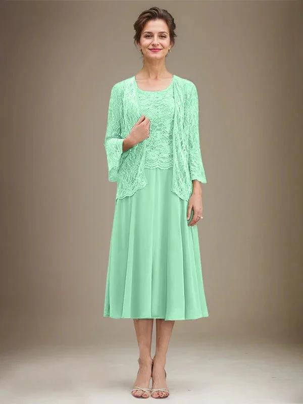A-line Scoop Tea-Length Lace Chiffon Mother of the Bride Dress With Sequins