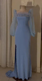 Vintage Square Neckline Long Sleeves Evening Dress Fashion Evening Gown Y5014