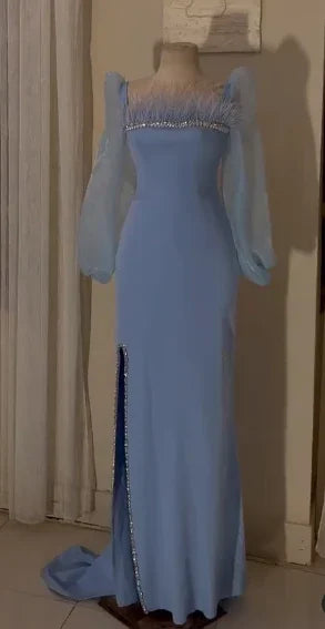Vintage Square Neckline Long Sleeves Evening Dress Fashion Evening Gown Y5014