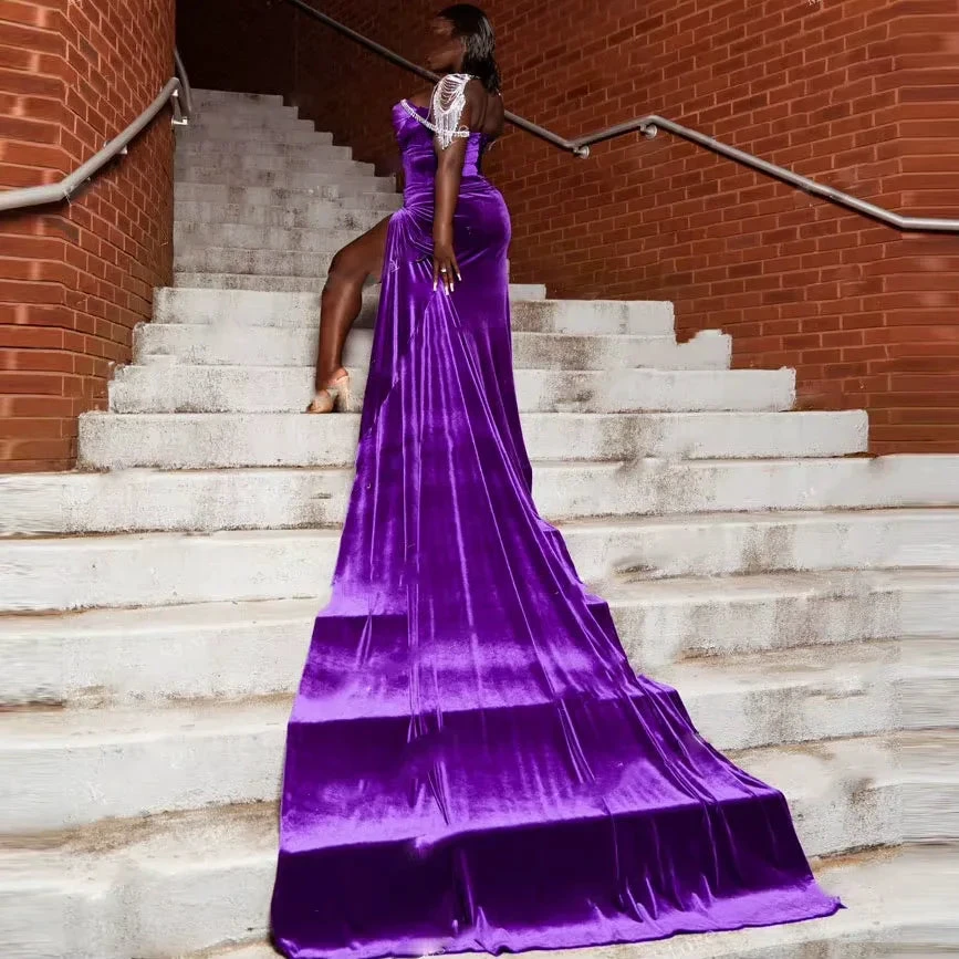 Purple Velvet Evening Dress,Sexy Formal Gown For Black Girls Y1835