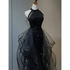 High Neckline Black Halter Shiny Tulle And Sequins Evening Dress, Black Tulle Prom Dress Y1864