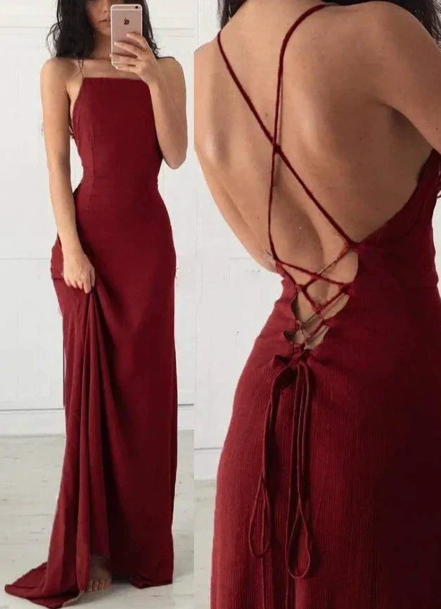 Sexy Spaghetti Straps Burgundy Long Prom Dress Backless Evening Dress Y7832
