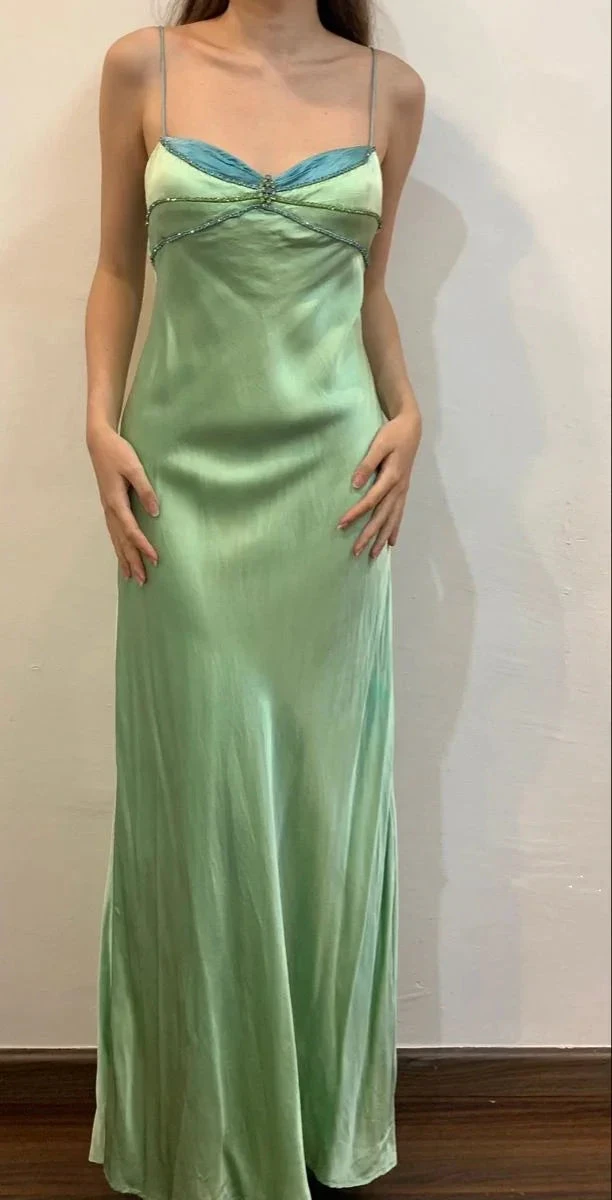 Sexy Spaghetti Straps Green Satin Beaded Prom Evening Dress Y7757