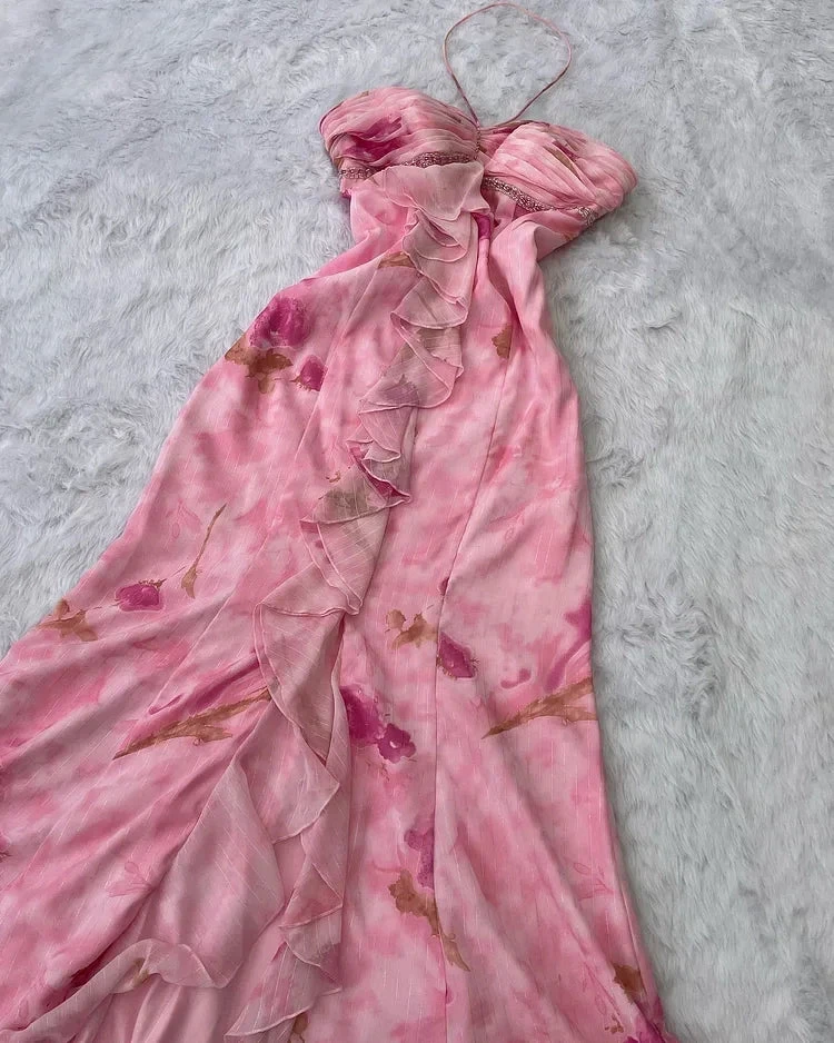 Pink Chiffon Print Floral Ruffle Evening Dress Halter Mermaid Prom Dress Y8306