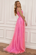 A-line Navy Blue Prom Dress Lace Tulle Evening Dress Y382