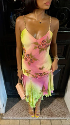 Pink Green Gradient Beaded Spaghetti Strap Chiffon Long Ruffled Evening Dress Party Prom Dress Y8495