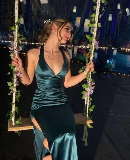 Vintage Green Slit Evening Dress Backless Prom Dress Y7782