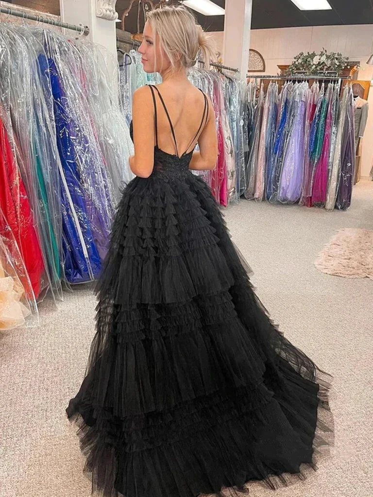 V Neck Backless High Low Beaded Black Lace Long Prom Dresses, Backless Black Formal Dresses, Black Lace Evening Dresses Y1769