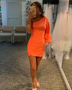 One Shoulder Orange Satin Tight Homecoming Dress with Beading Long Sleeves Y2905