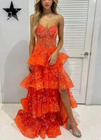 Chic Orange Strapless A-Line Lace Layered Appliques Prom Dress Slit Evening Dress Y7885