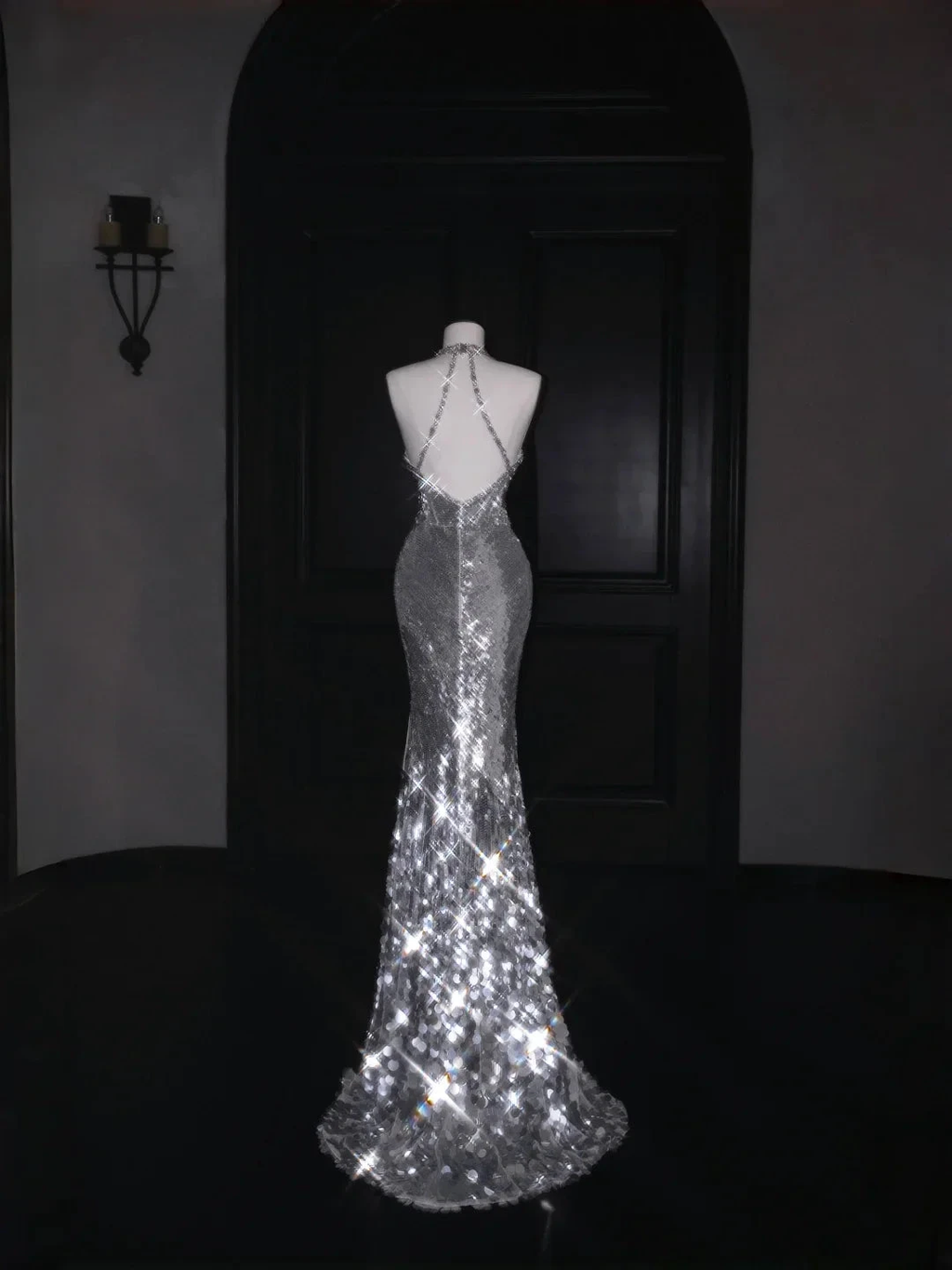 Sparkly Silver Deep V Halter Sequins Beaded Backless Evening Dress Mermaid Prom Dress Y8687