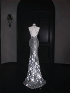 Sparkly Silver Deep V Halter Sequins Beaded Backless Evening Dress Mermaid Prom Dress Y8687
