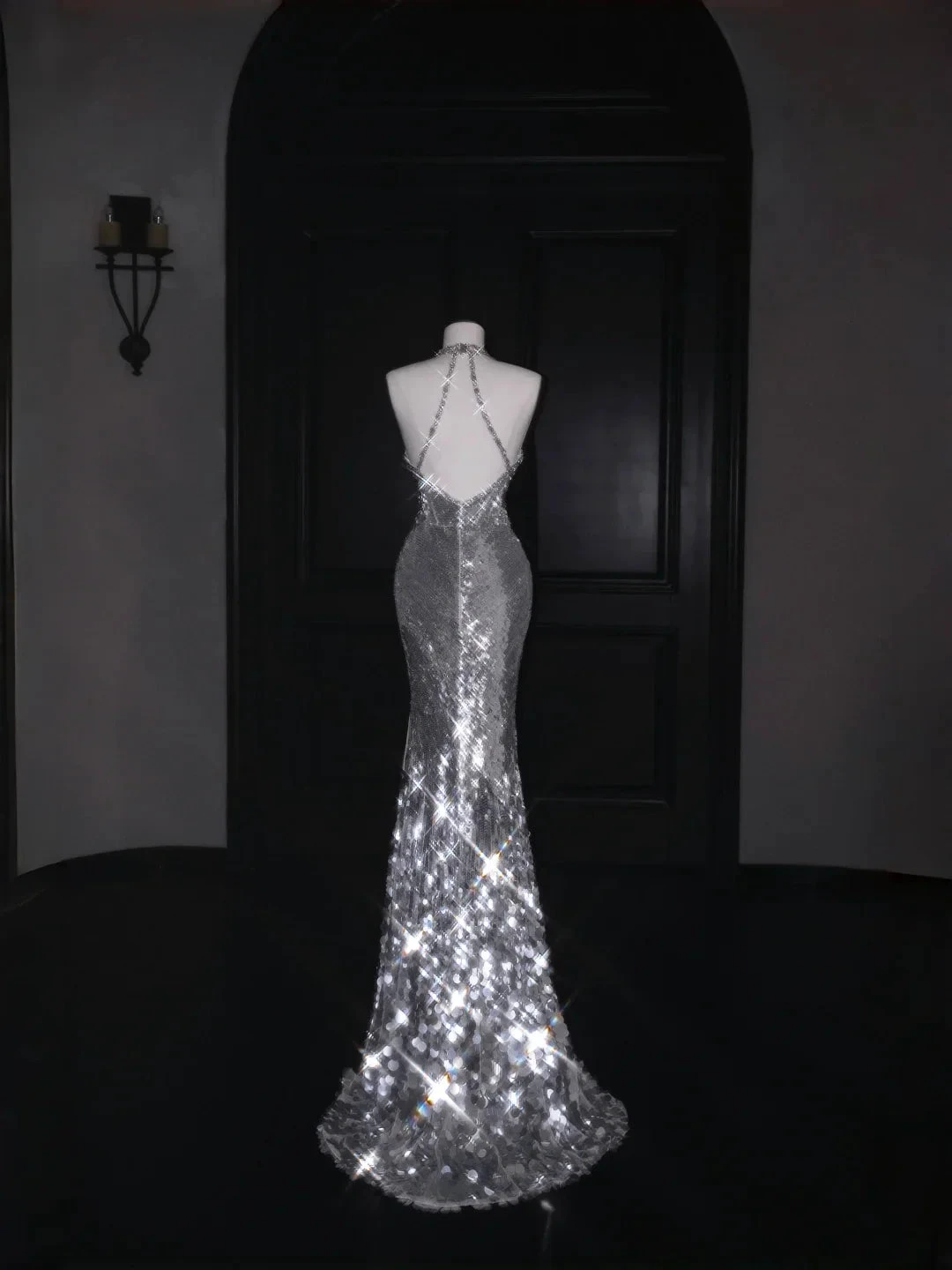 Sparkly Silver Deep V Halter Sequins Beaded Backless Evening Dress Mermaid Prom Dress Y8687