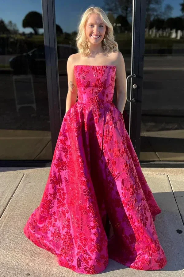 Chic Satin Print Floral Evening Dress Hot Pink Strapless A Line Prom Dress With Pockets Y8036