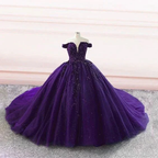 Purple tulle ball gown off the shoulder wedding dresses Y4310