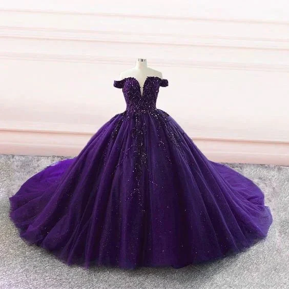 Purple tulle ball gown off the shoulder wedding dresses Y4310