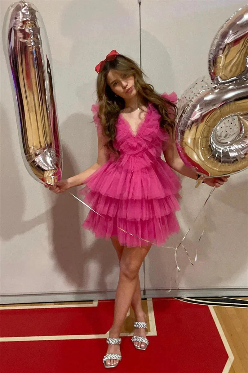 Cute Pink Ruffled Tiered Tulle Short Homecoming Dress Y1995