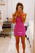 Asymmetrical Shoulder Fuchsia Bodycon Homecoming Dress Y2865