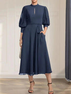 A-line High Neck Tea-Length Lace Chiffon Mother of the Bride Dress With Bow
