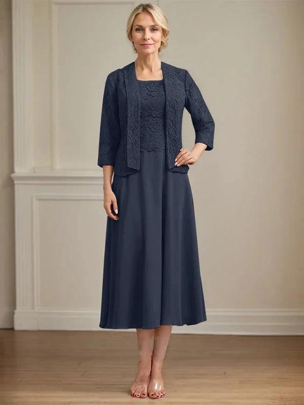 A-line Scoop Tea-Length Lace Chiffon Mother of the Bride Dress