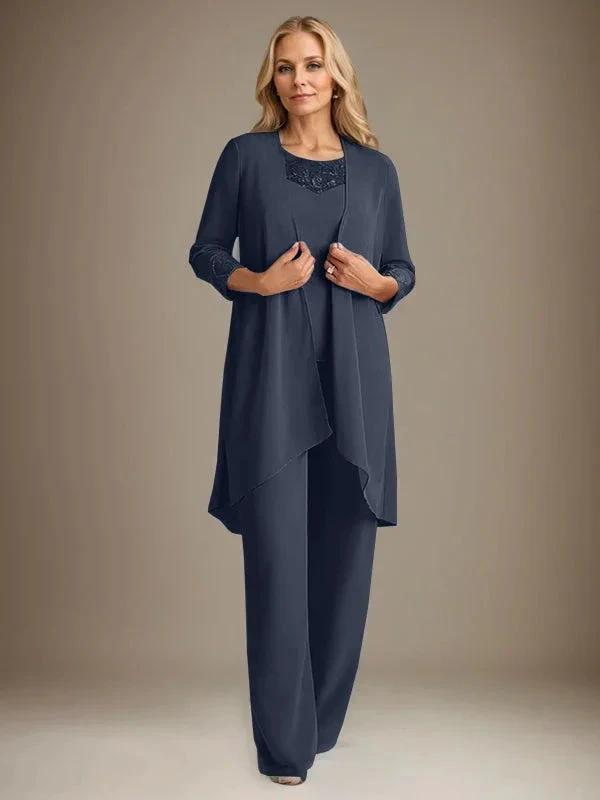Chiffon Scoop Long Sleeves Mother Of The Bride Pantsuits With Jacket
