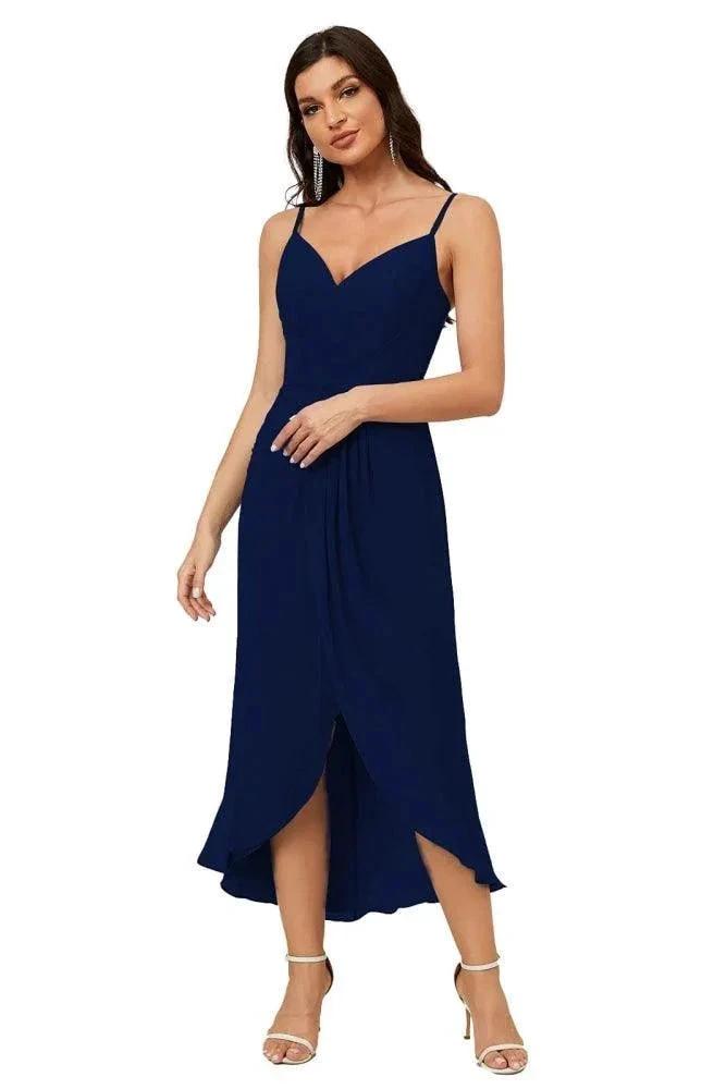 Numbersea Spaghetti Chiffon V Neck Bridesmaid Dress Mid-Length Slit Formal Prom Dress Homecoming Dress 2803