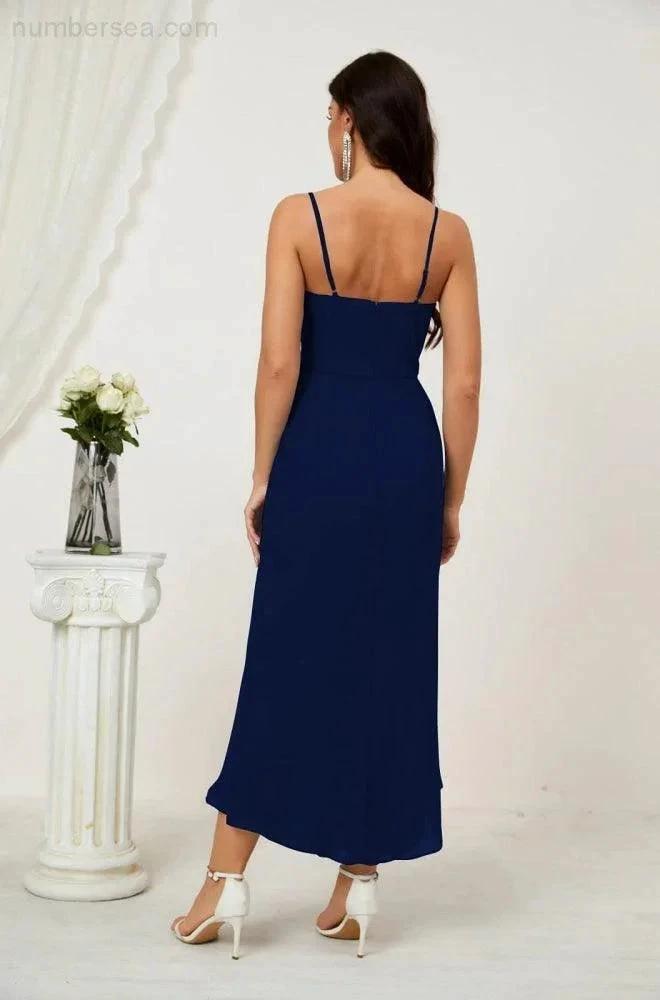 Numbersea Spaghetti Chiffon V Neck Bridesmaid Dress Mid-Length Slit Formal Prom Dress Homecoming Dress 2803