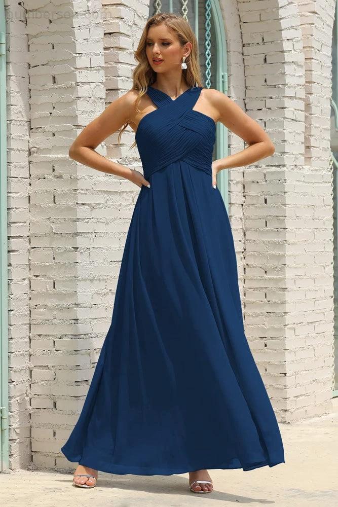 Numbersea Women Halter Chiffon Bridesmaid Dress A-line Long Formal Prom Gown SEA28015